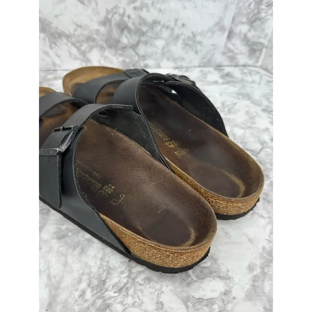 BIRKENSTOCK Arizona Men's Sz 10 Black Leather Two-Strap Sandals Cork Footbed